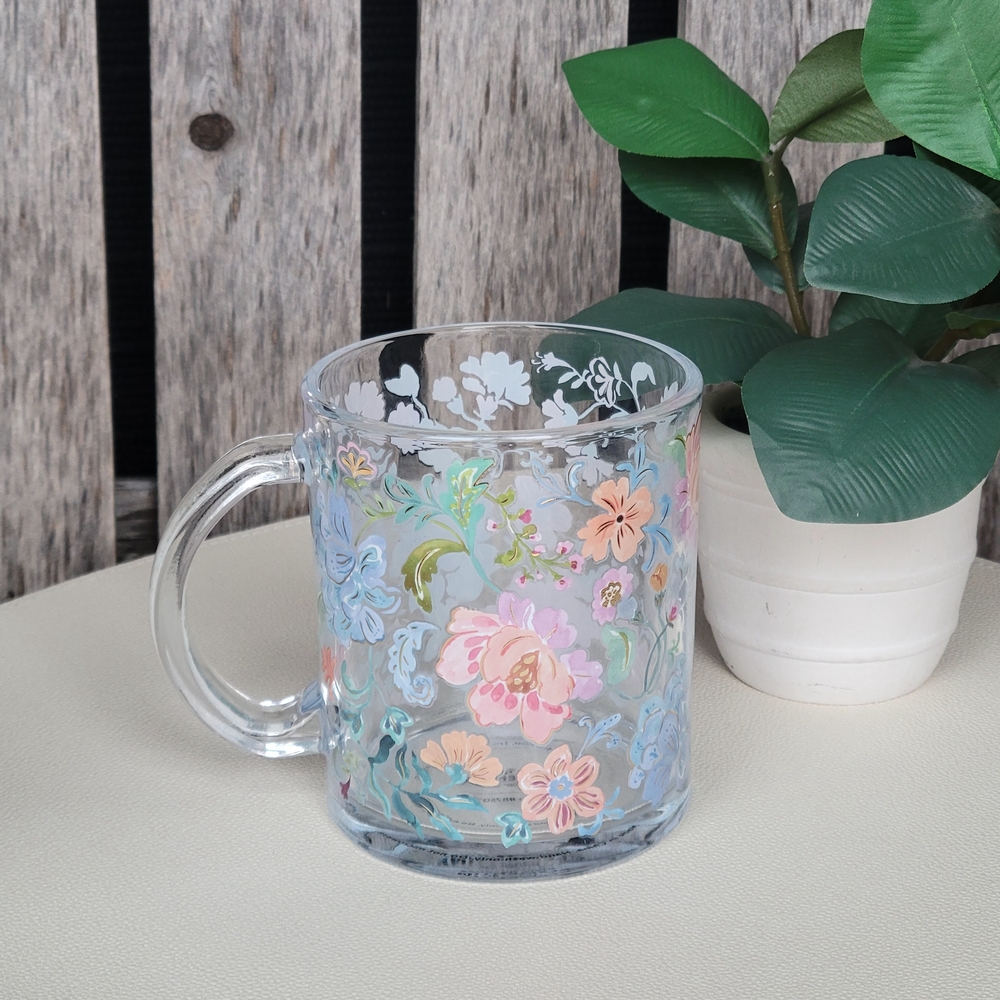 Clementine Handpainted Floral Clear Glass Mug